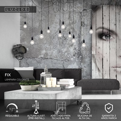 Lucide FIX - Lámpara colgante - 10xE27 - Adecuado para dobles alturas y techos altos - Negro